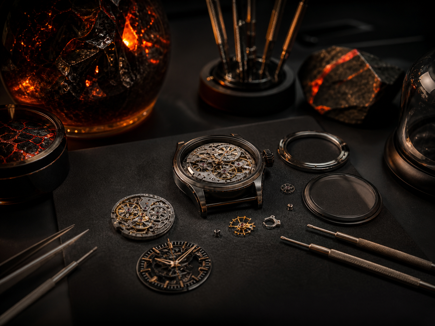 Obsidian and lava themed watch repair workbench with precision watch dial