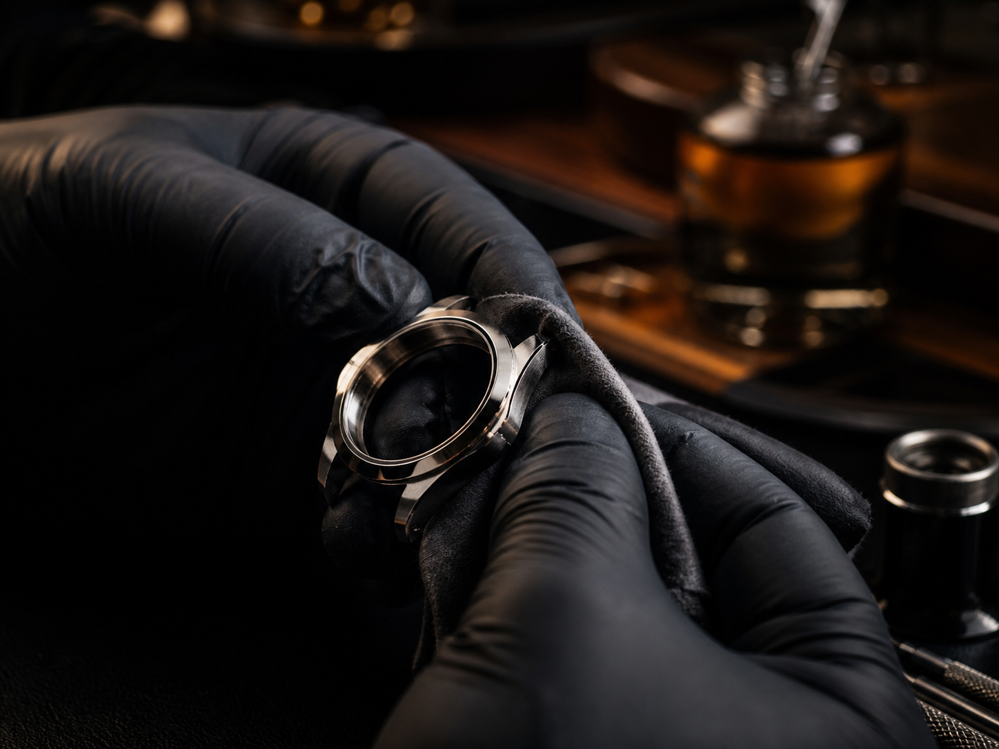 Obsidian themed watch case polishing visual